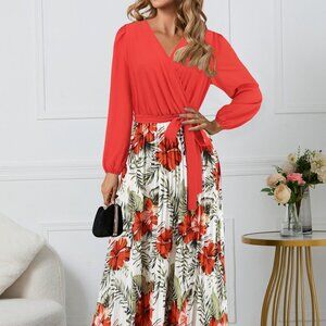 Pleated Printed Surplice Long Sleeve Dress